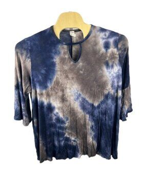 Lane Bryant 3X Blue Gray Tie Dye Tunic Top V Neck Keyhole 3/4 Bell Sleeves